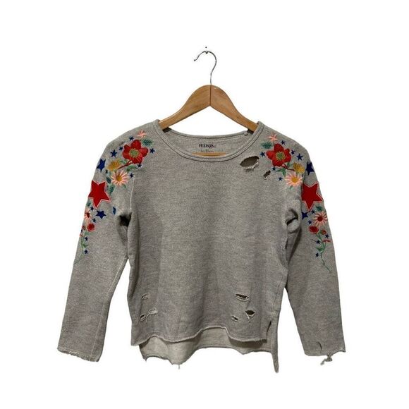 Hudson Kids Embroidered Destructed Distressed Grey Floral Sweater Kids Size 9/10 - Picture 2 of 9
